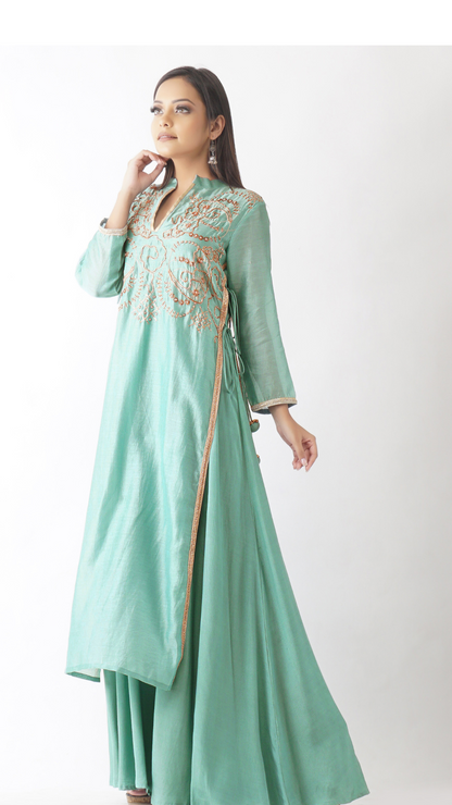 Prithvi Aqua Embroidered Layered Kurta