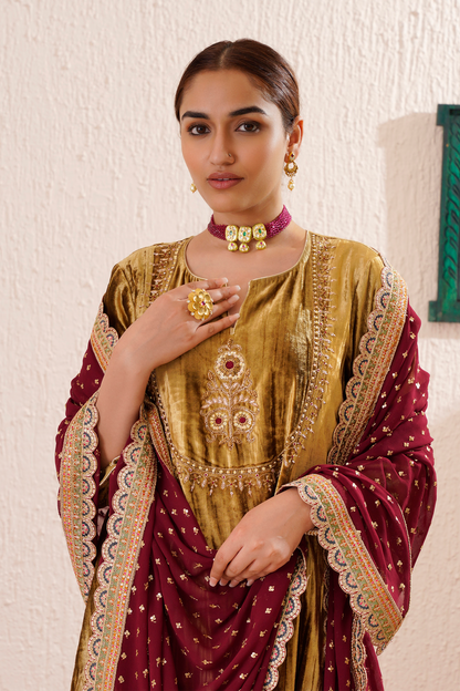 Gold Velvet Hand Embroidered Noor Kurta Set