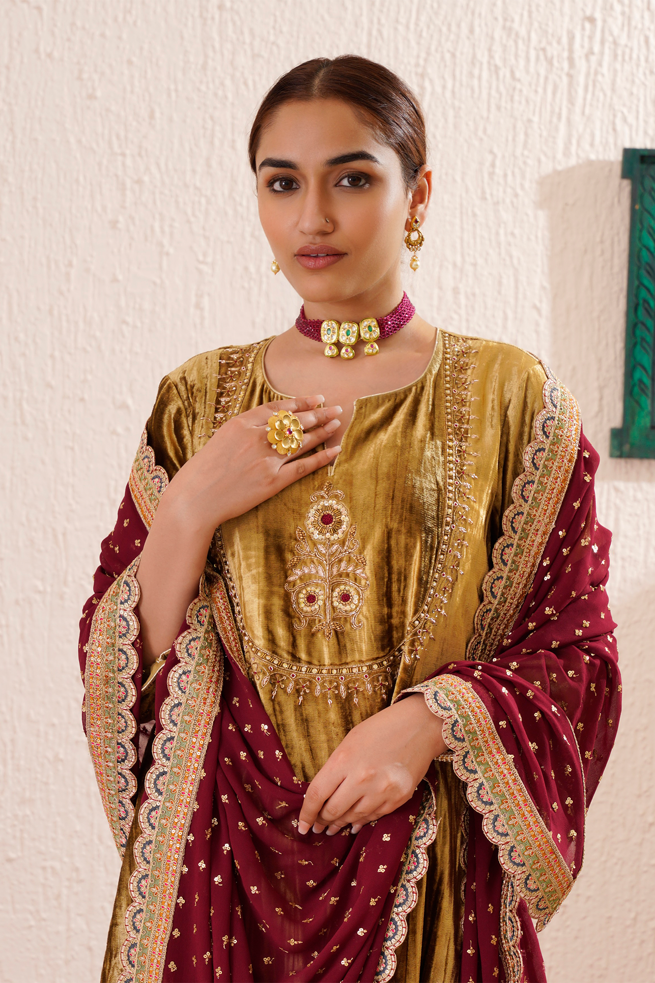 Gold Velvet Hand Embroidered Noor Kurta Set