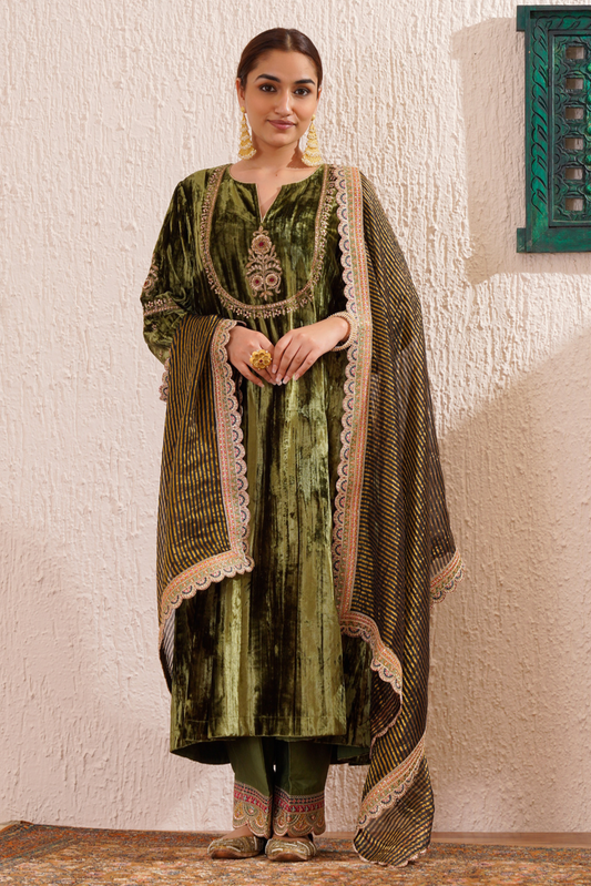 Sage Green Velvet Hand Embroidered Noor Kurta Set