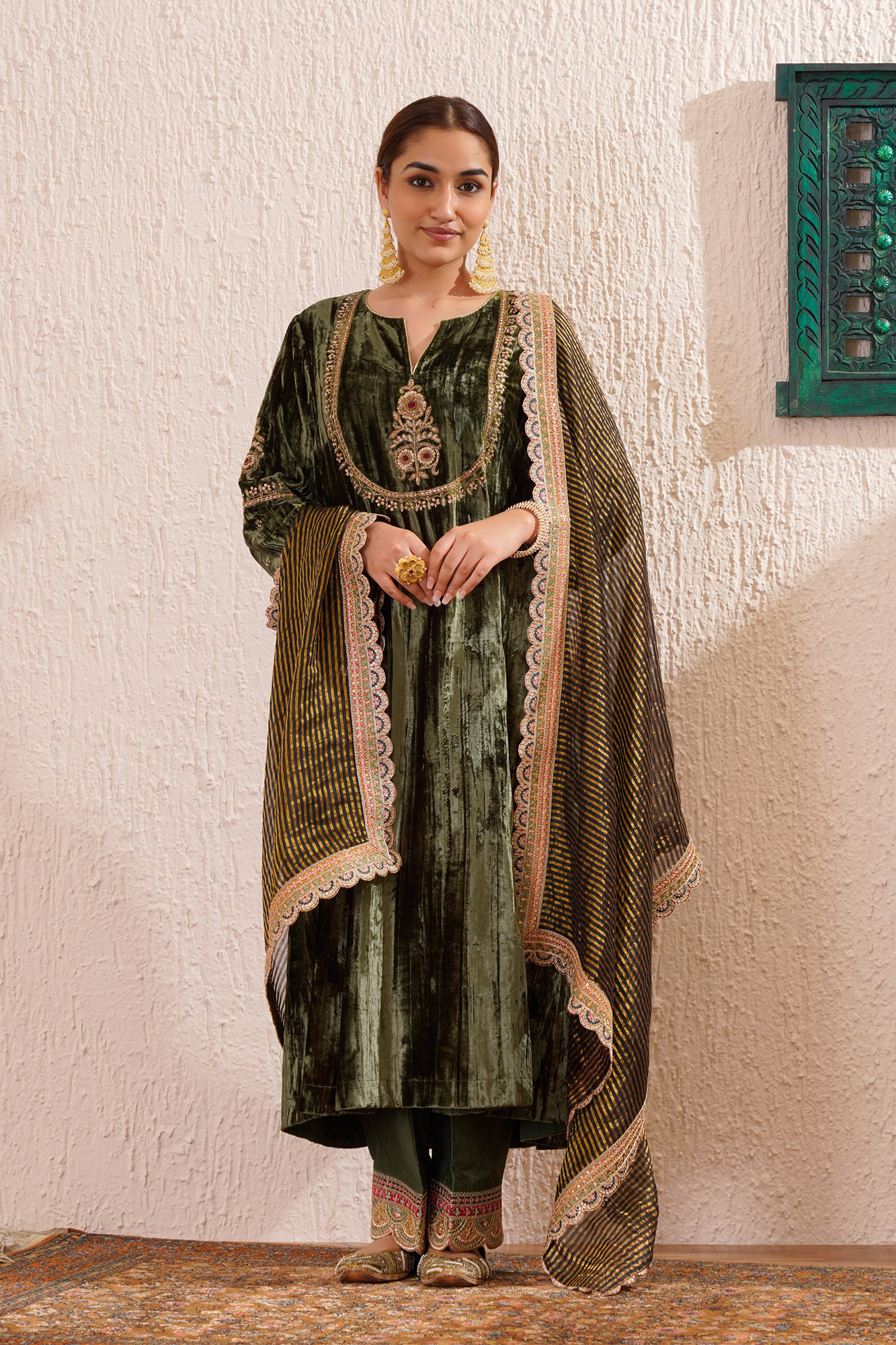 Sage Green Velvet Hand Embroidered Noor Kurta Set