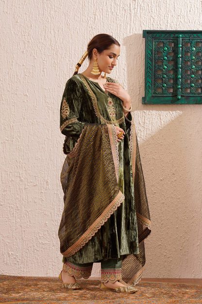 Sage Green Velvet Hand Embroidered Noor Kurta Set