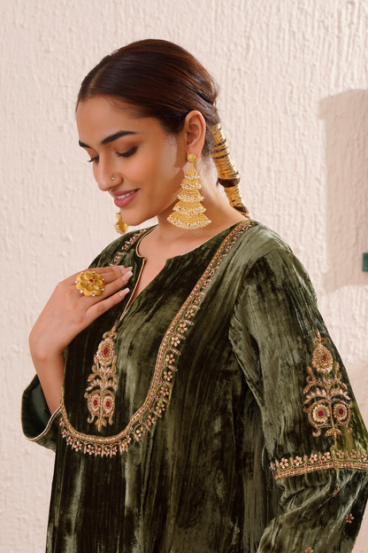 Sage Green Velvet Hand Embroidered Noor Kurta Set