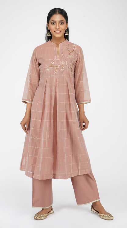 Dusky Pink hand-embroidered box pleat kurta set