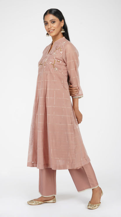 Dusky Pink hand-embroidered box pleat kurta set