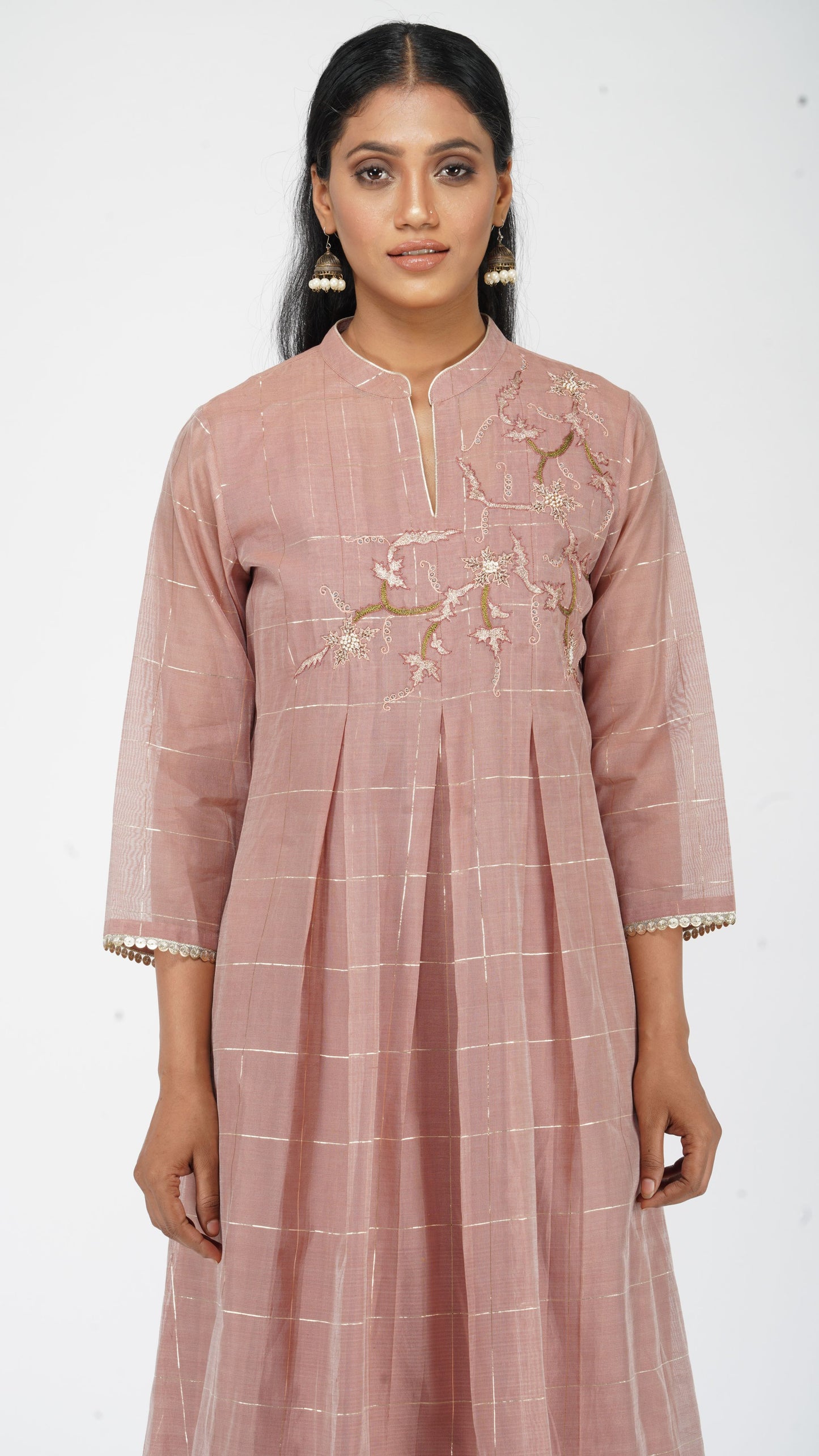 Dusky Pink hand-embroidered box pleat kurta set