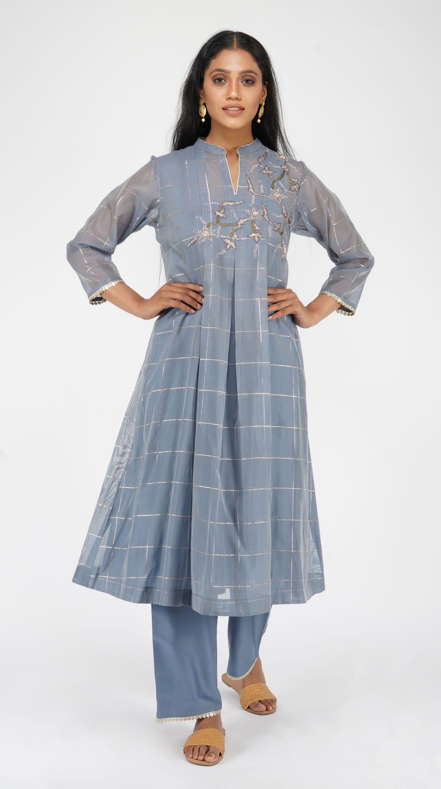 Powder Blue hand-embroidered box pleat kurta set