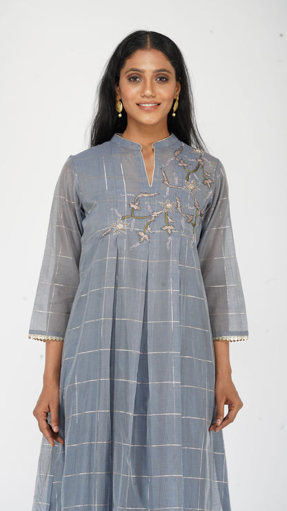 Powder Blue hand-embroidered box pleat kurta set