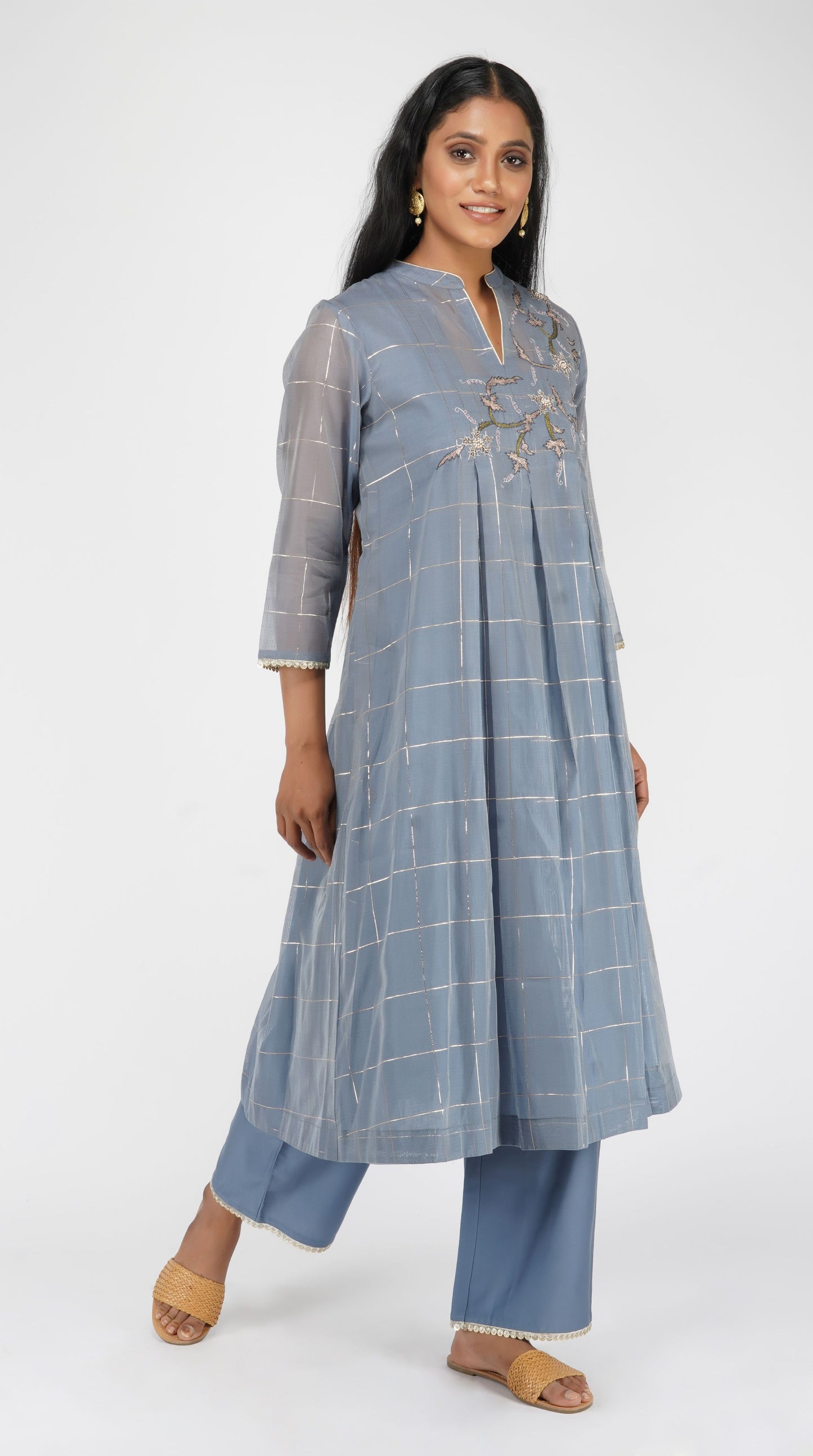 Powder Blue hand-embroidered box pleat kurta set