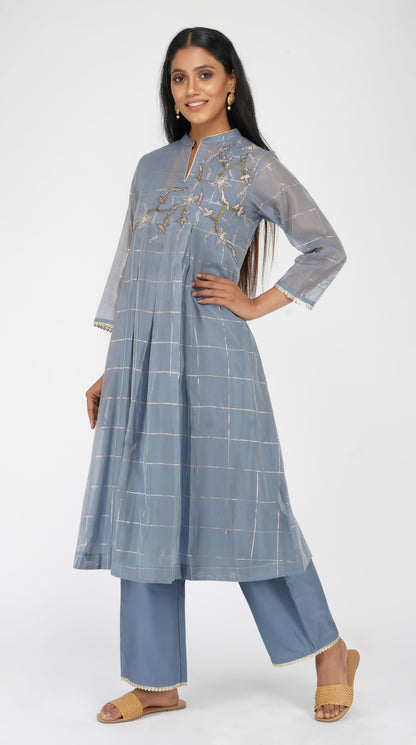 Powder Blue hand-embroidered box pleat kurta set