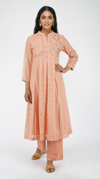 Peach hand-embroidered box pleat kurta set