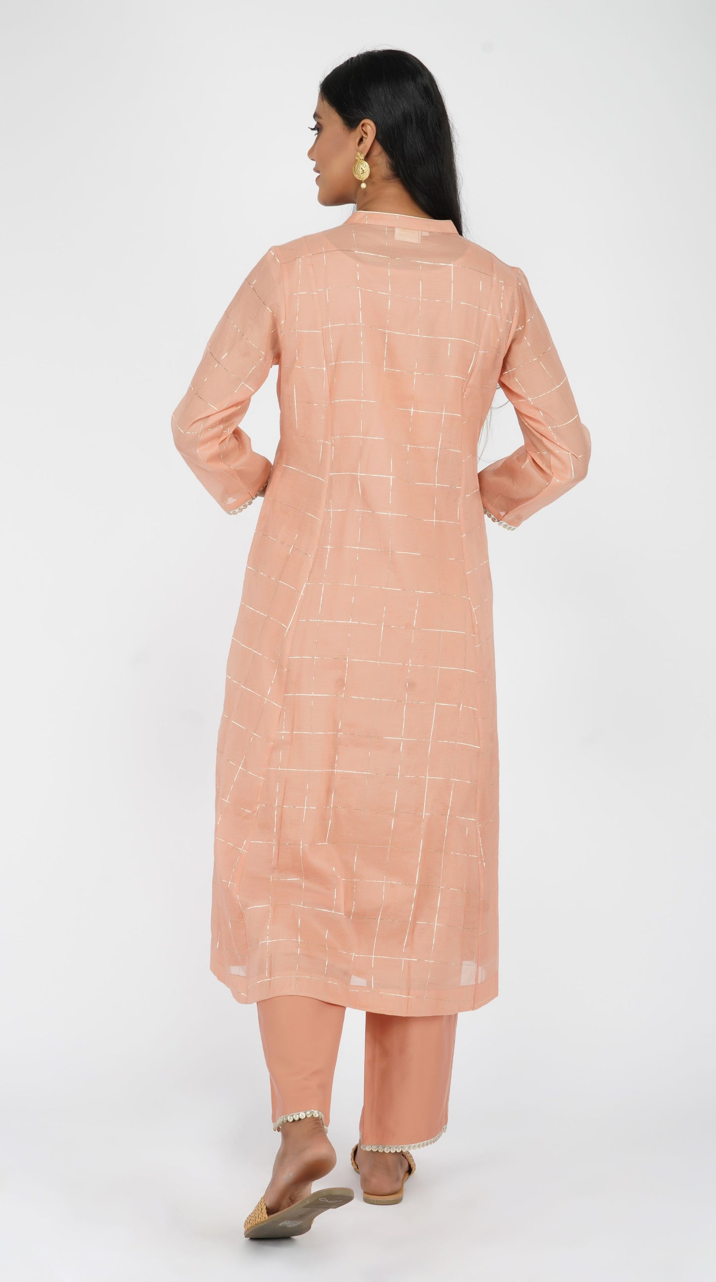 Peach hand-embroidered box pleat kurta set