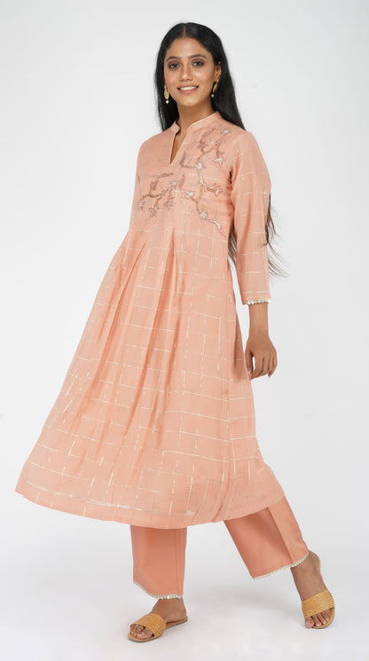 Peach hand-embroidered box pleat kurta set