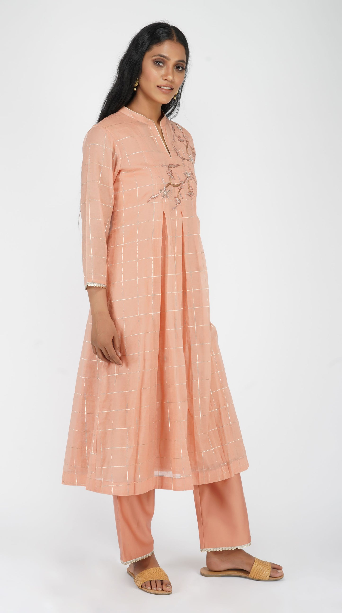 Peach hand-embroidered box pleat kurta set