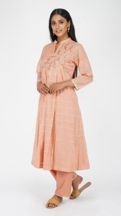 Peach hand-embroidered box pleat kurta set