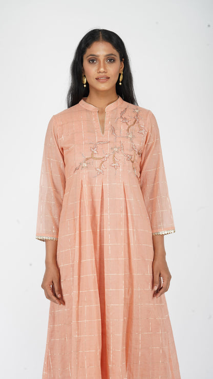 Peach hand-embroidered box pleat kurta set