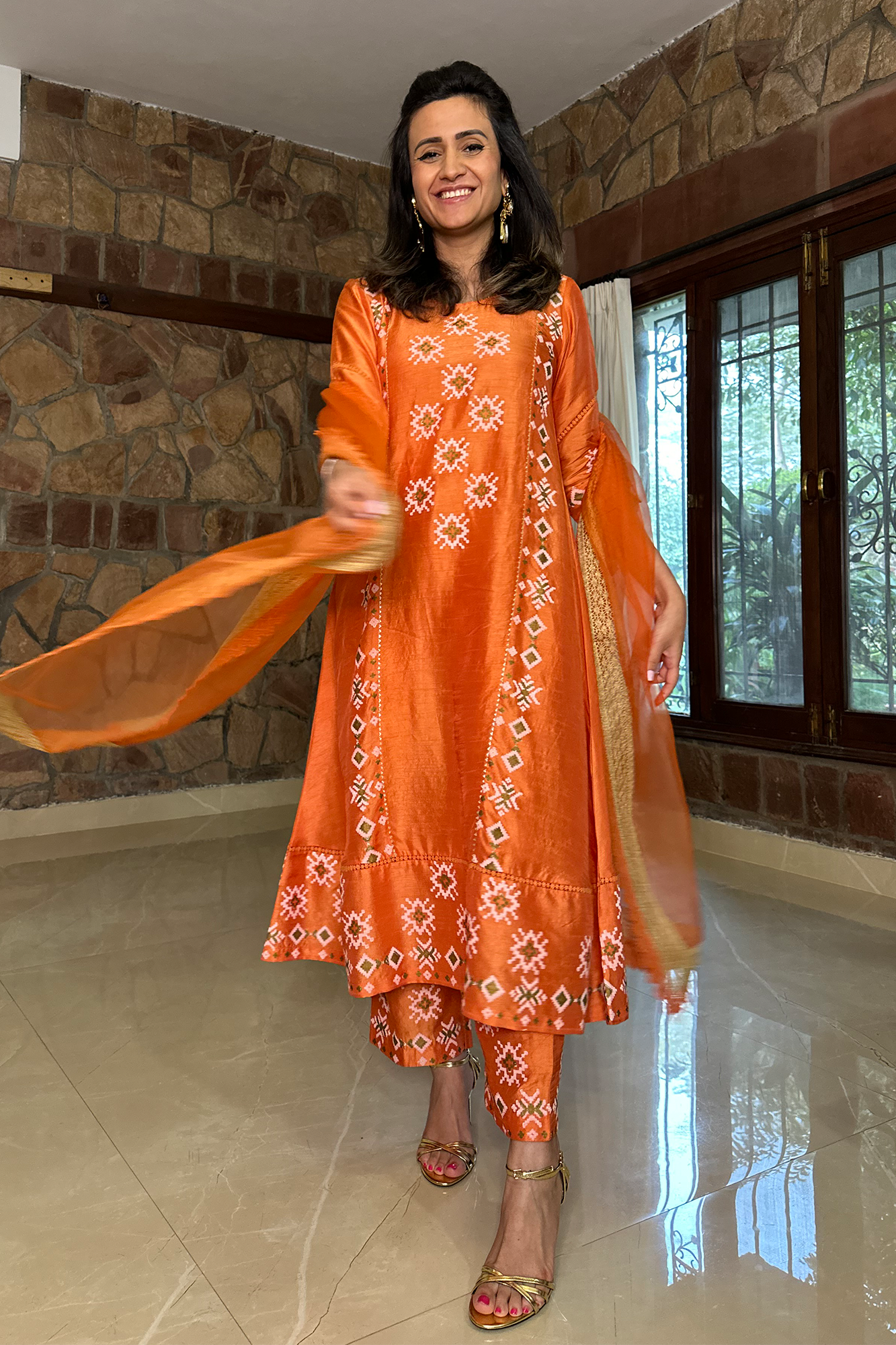 Orange Printed Panelled Kurta set in Silk