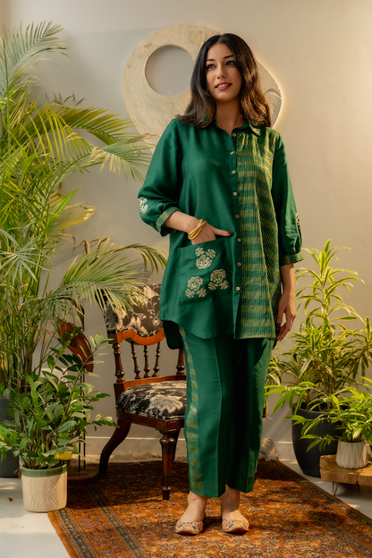 Emerald Green Button Down co-ord set with side pocket