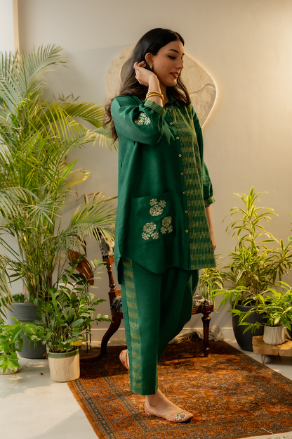 Emerald Green Button Down co-ord set with side pocket