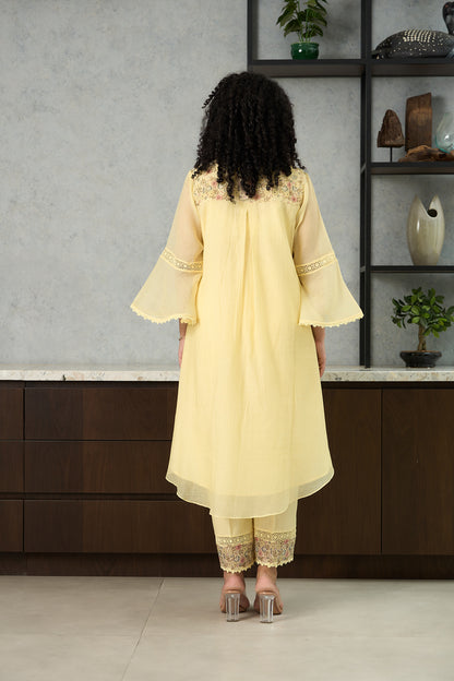 Lemon Yellow Pero Chanderi Kurta Set with Floral Shoulder Yoke