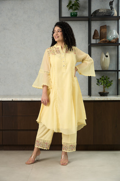 Lemon Yellow Pero Chanderi Kurta Set with Floral Shoulder Yoke