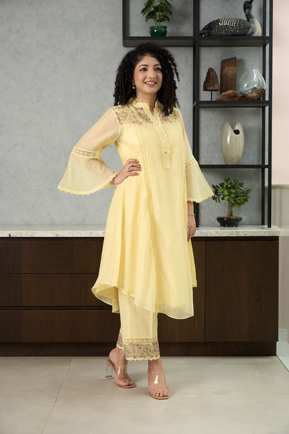 Lemon Yellow Pero Chanderi Kurta Set with Floral Shoulder Yoke