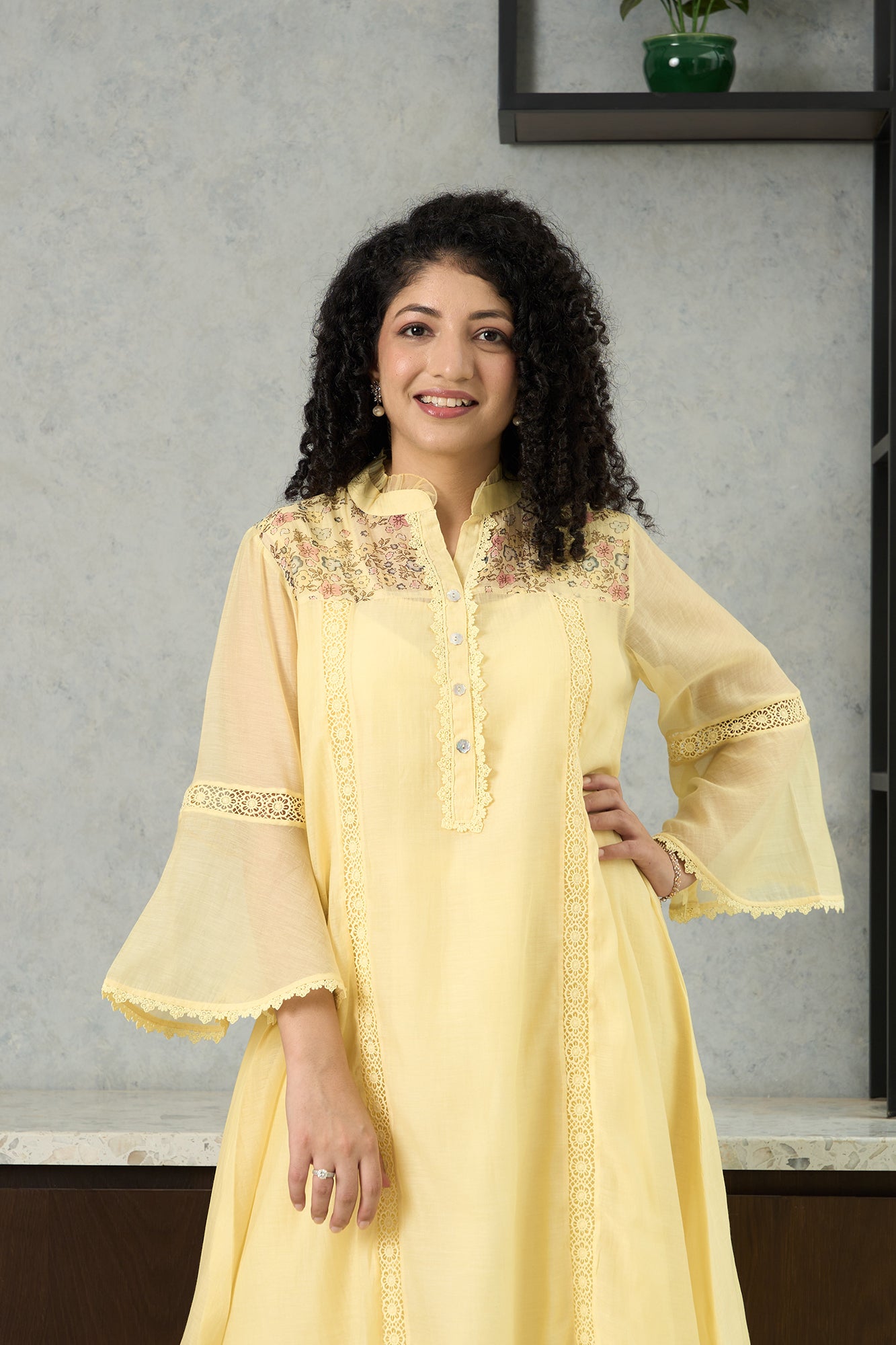 Lemon Yellow Pero Chanderi Kurta Set with Floral Shoulder Yoke