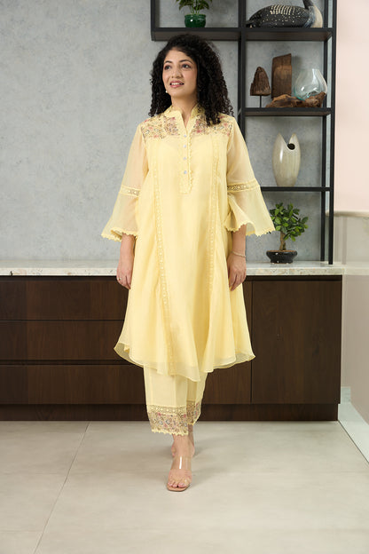 Lemon Yellow Pero Chanderi Kurta Set with Floral Shoulder Yoke