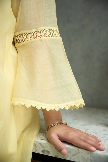 Lemon Yellow Pero Chanderi Kurta Set with Floral Shoulder Yoke