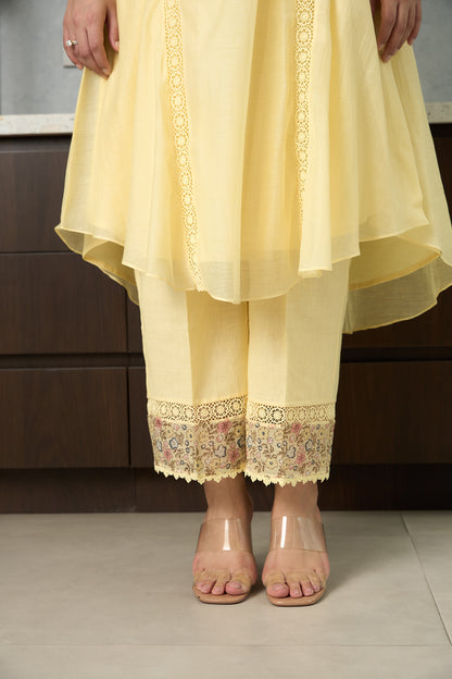 Lemon Yellow Pero Chanderi Kurta Set with Floral Shoulder Yoke