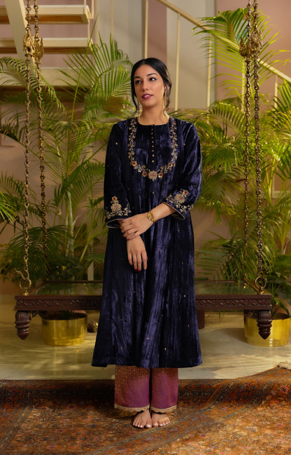 Royal Blue Velvet Hand Embroidered Gul Kurta Set