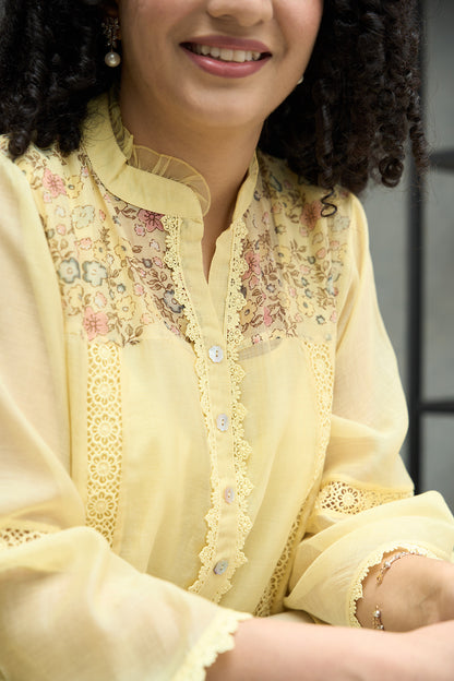 Lemon Yellow Pero Chanderi Kurta Set with Floral Shoulder Yoke