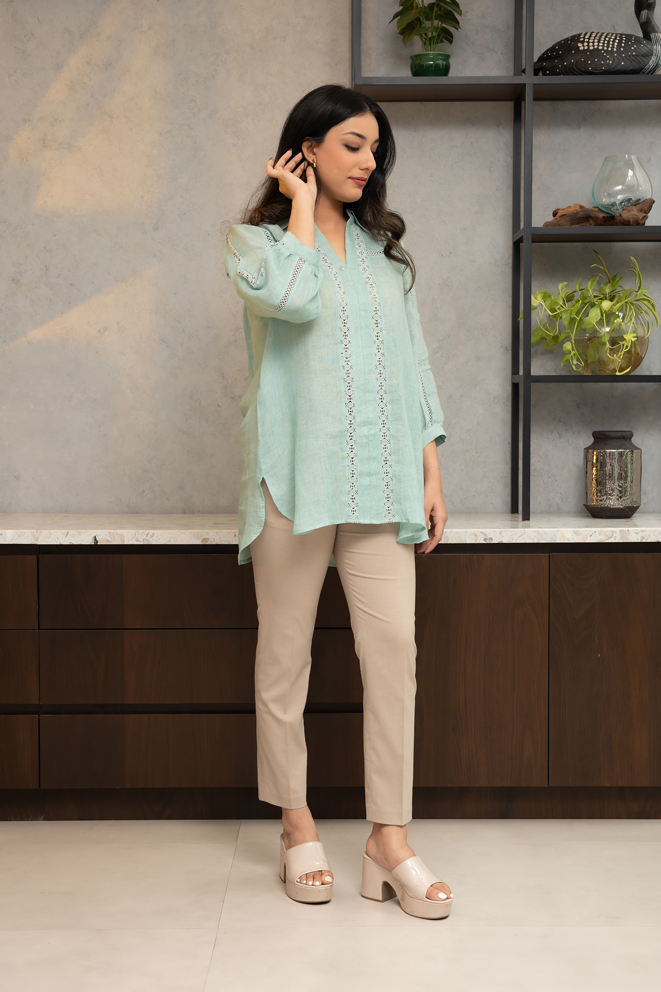 Sea-Green Pure Linen Shirt with Lace Detailing