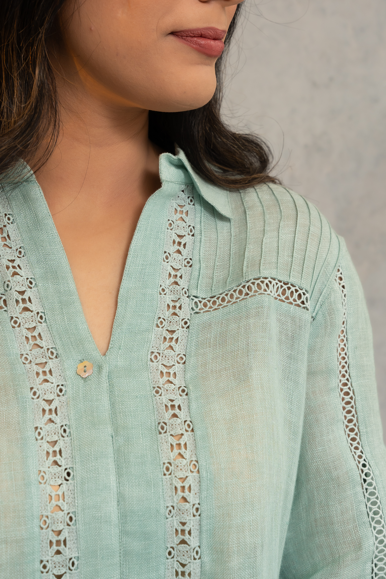 Sea-Green Pure Linen Shirt with Lace Detailing