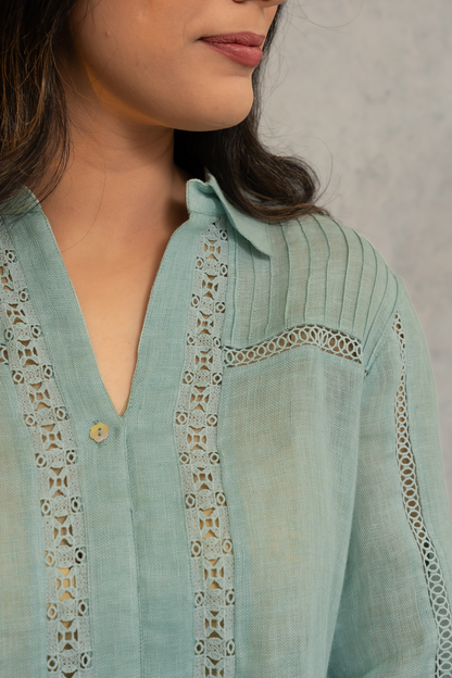 Sea-Green Pure Linen Shirt with Lace Detailing