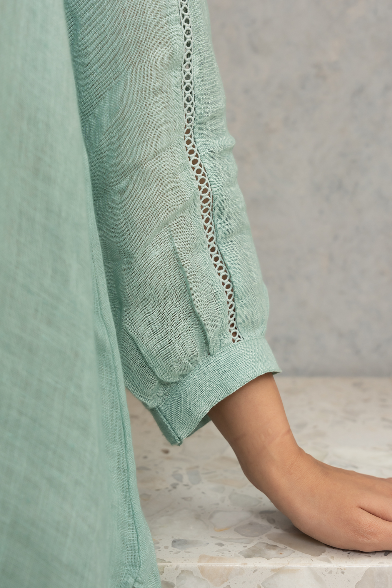 Sea-Green Pure Linen Shirt with Lace Detailing