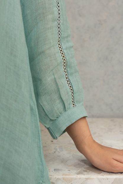 Sea-Green Pure Linen Shirt with Lace Detailing