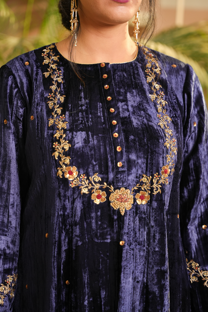 Royal Blue Velvet Hand Embroidered Gul Kurta Set