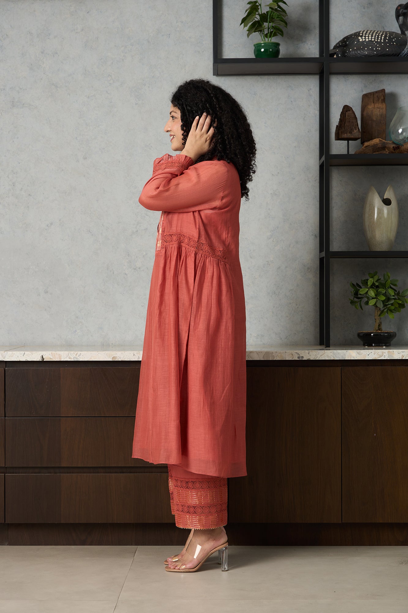 CORAL CHANDERI KURTA SET, WITH GOLD STRIPED TISSUE SIDE YOKES