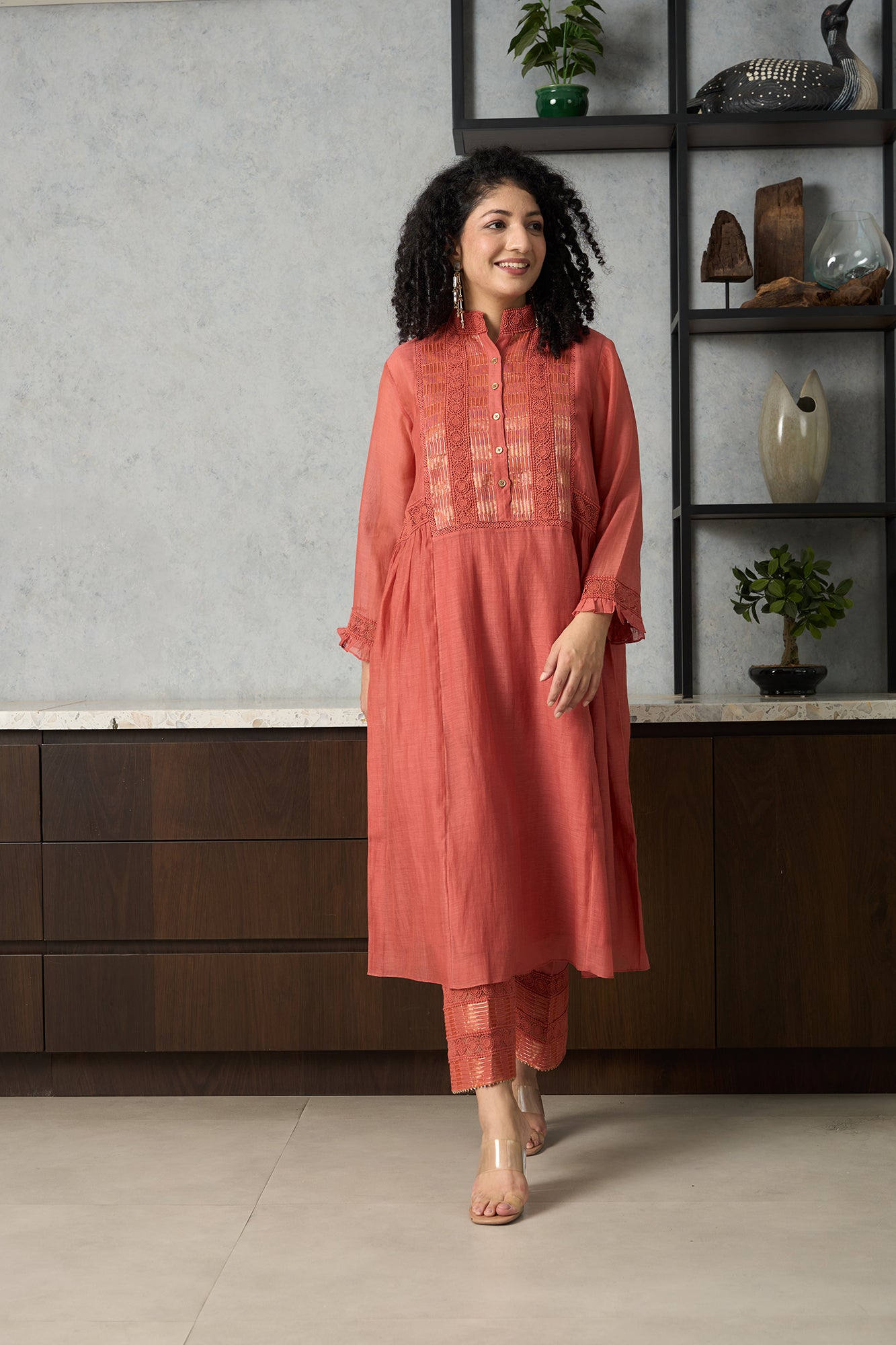 CORAL CHANDERI KURTA SET, WITH GOLD STRIPED TISSUE SIDE YOKES