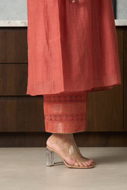 CORAL CHANDERI KURTA SET, WITH GOLD STRIPED TISSUE SIDE YOKES