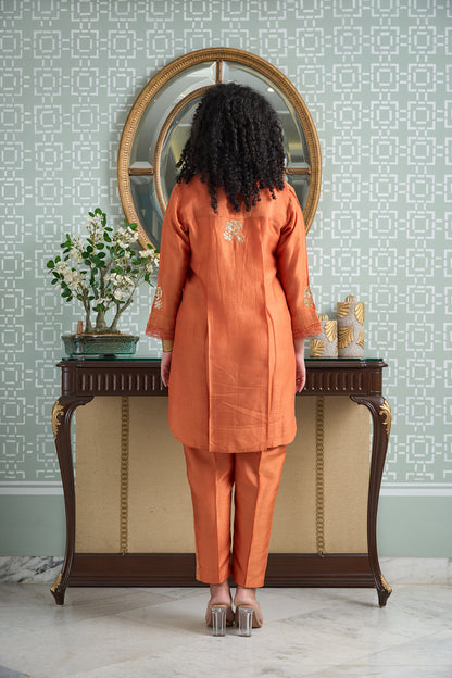 Orange Silk Rounded Set with Embroidered V-Neck