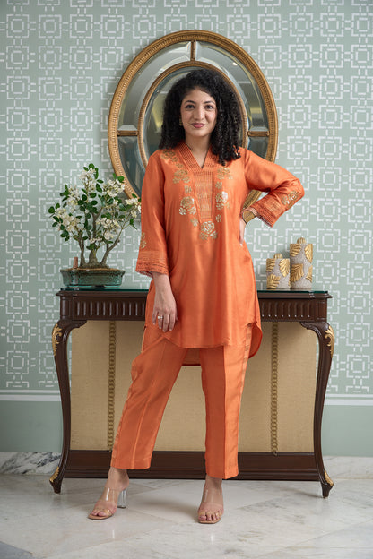 Orange Silk Rounded Set with Embroidered V-Neck