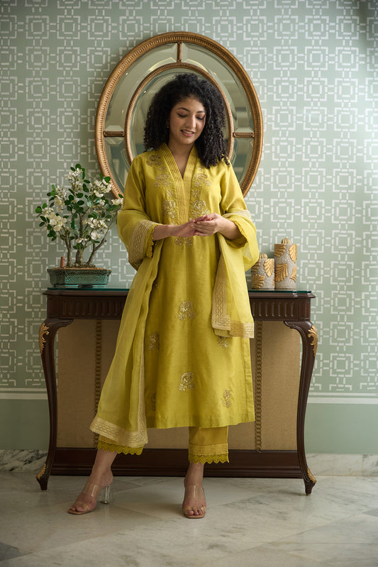 Lime Green Chanderi Kurta Set with Embroidered V-Neck and all over Motifs