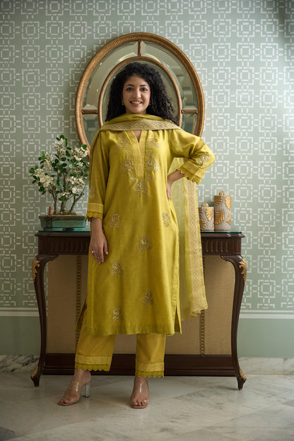 Lime Green Chanderi Kurta Set with Embroidered V-Neck and all over Motifs