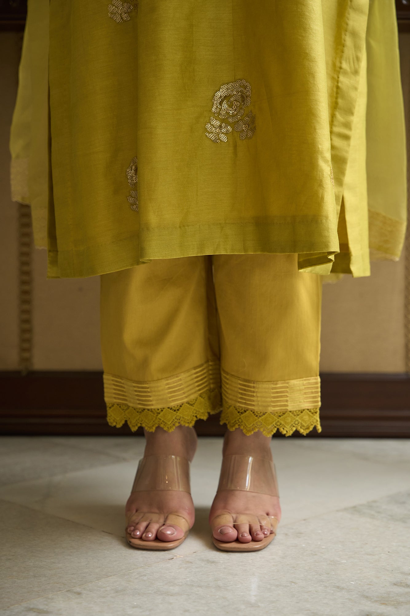 Lime Green Chanderi Kurta Set with Embroidered V-Neck and all over Motifs