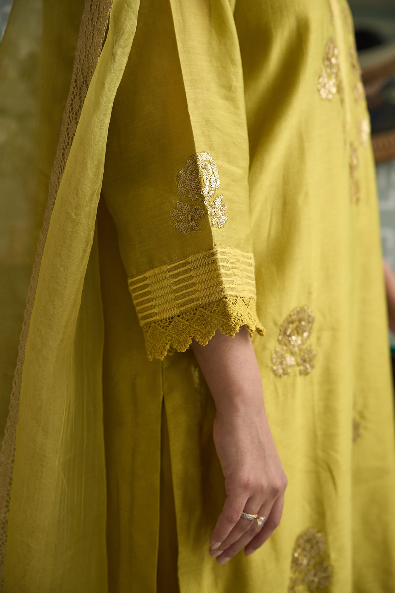 Lime Green Chanderi Kurta Set with Embroidered V-Neck and all over Motifs