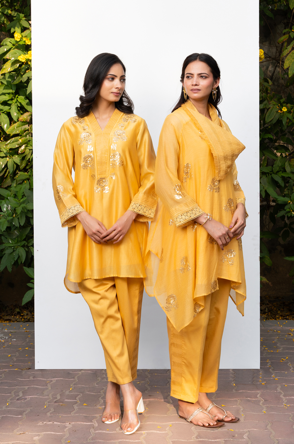 Yellow Rounded Set with Embroidered V-Neck