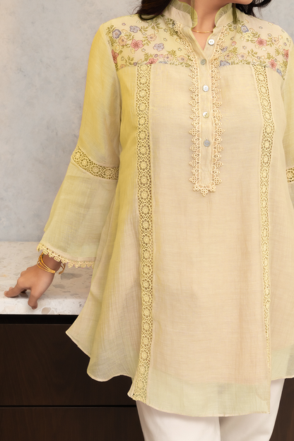 Yellow Chanderi Shirt with Floral shoulder yoke