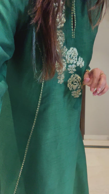 Emerald Green Flared High Low Silk Kurta Set